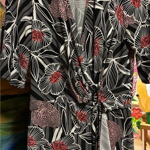 Floral Wrap-Style Black Dress with Red Accents kimono look stretchy fabric